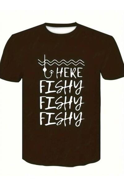 21JNRY تي شيرت رجالي مطبوع عليه "HERE FISHY" من القطن المريح، برقبة دائرية، و...