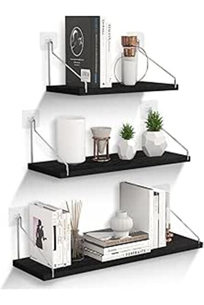 GENERAL 3 Set Floating Shelves, Rustic Wooden Shelf with Metal Brackets for W...