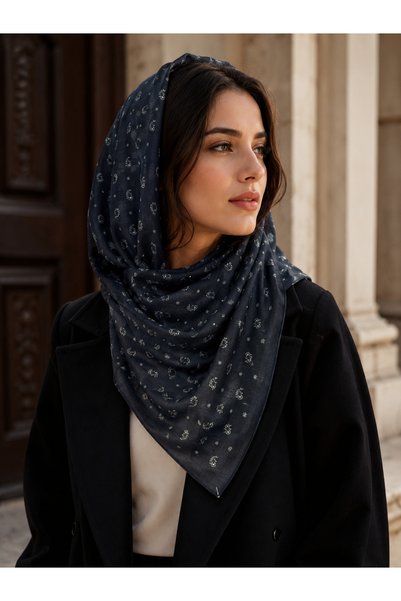 Luminos Butik Kadın Lacivert Mikro Şal Desenli Pamuk 70x70 Ithal Fular FLR6027