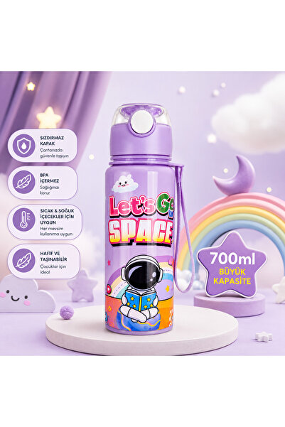 MUBX 700 ml Çocuk Suluk Pipetli Su Matarası Askılı BPA İçermez Sızdırmaz Kapak Uzay Temalı