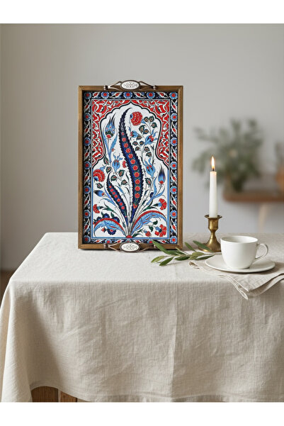 PorcelainAtelier El Yapımı Kütahya Çini Desenli Ahşap & Seramik Tepsi 42x28 c...