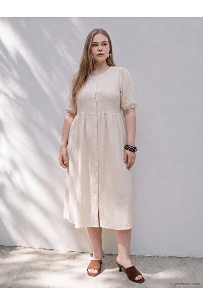LC Waikiki Trendlucky Plus Size Oval Neck Pleated Dress with Difference