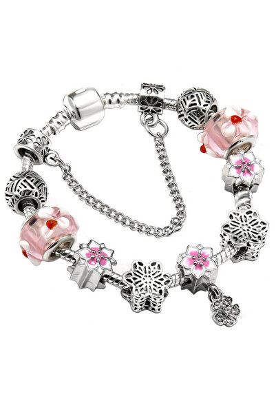 VeeShop Bratara placata cu argint tip , margele de Murano, flori pictate si c...