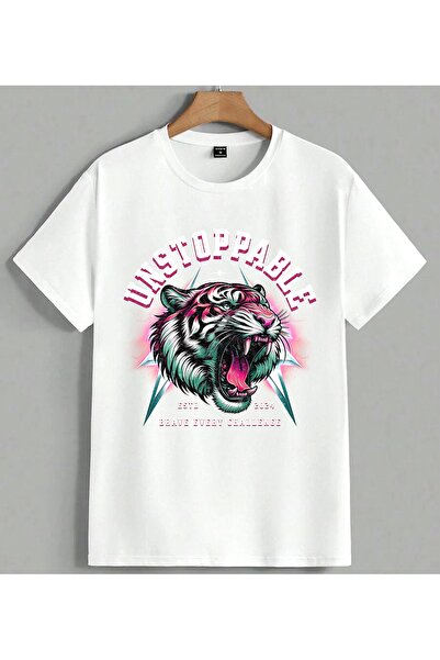 ELFERA Tiger Design Neon Art Printed Unisex Oversize T-Shirt White