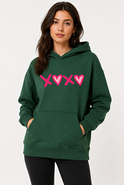 herkesemoda Xoxo Printed Hooded 2 Thread Threaded Sweatshirt
