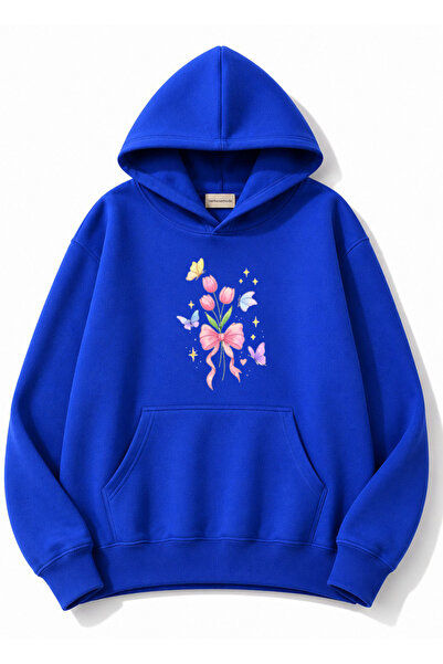 herkesemoda Tulip Flower Printed Hooded 2 Thread Threaded Sweatshirt