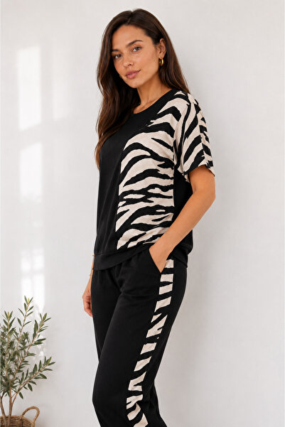 moda wanilia Women's Short Sleeve Crew Neck Zebra Pattern Detailed Casual Blo...