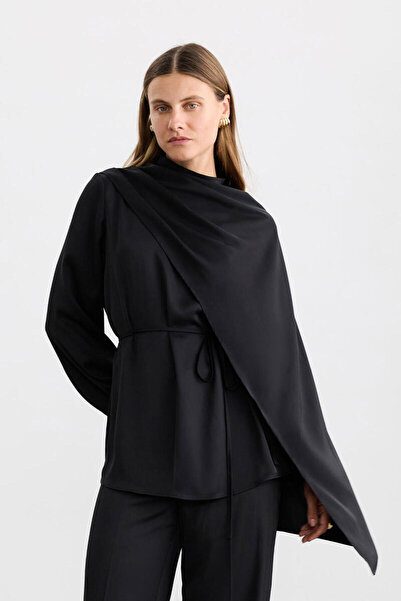 BE BLUE Black Satin Blouse with Shawl Detail