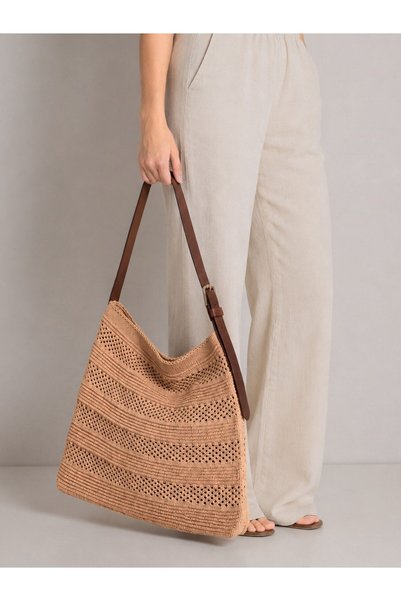 Irmak Kerekli Women's Striped Knitwear Shoulder Bag Stylish Daily Steel Knit Bag 1814 Camel