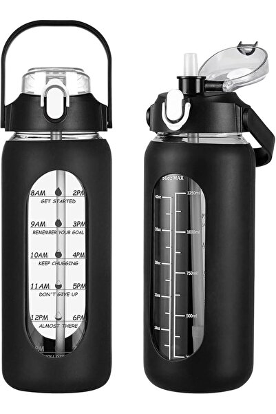 GENERAL 1.6L Glass Water Bottles with Straw, Motivational Glass Bottle with S...