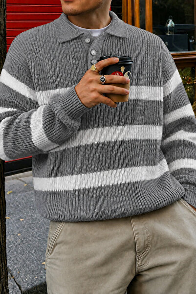 Tarz Cool Men's Striped Polo Collar Knitwear Sweater Regular Comfortable Fit ...