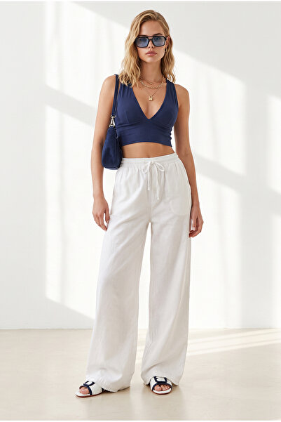 Olalook Women's White Elastic Waist Pocketed Gabardine Tassel Trousers Pnt-19...
