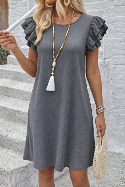 Veraura Lifestyle Women's Short Sleeve Crew Neck Ruffle Short Wrap Dress