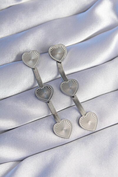Mega Bazaar 316L Steel Silver Color Long Italian Chain Detailed Heart Earrings