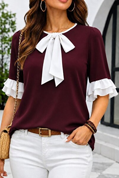 Simala Women's Short Sleeve Crew Neck Bow Sleeves Ruffle Janjan Crepe Blouse