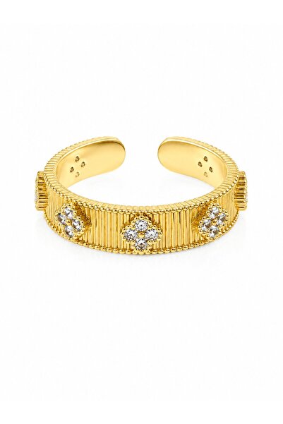 serelya Brass Gold Color Zircon Stone Clover Embroidered Adjustable Ring