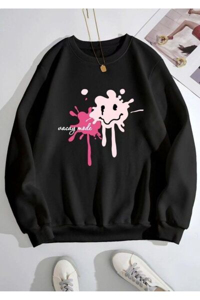 herkesemoda Adhesive Emoji Printed Black 2 Thread Raster Crew Neck Sweatshirt