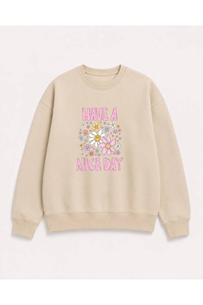 herkesemoda Emoji Flowers Printed 2 Thread Threaded Crew Neck Sweatshirt