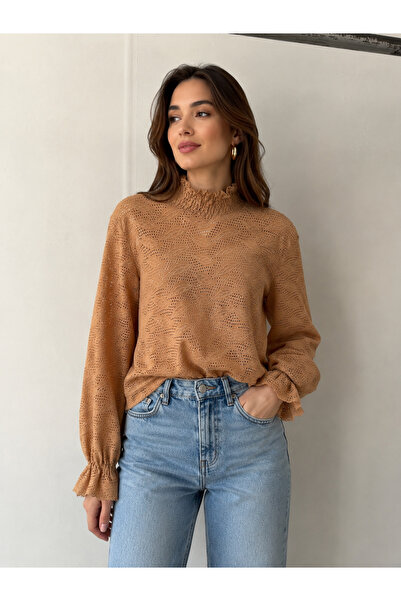 VERYMODA Bluză cu mânecă lungă, cu guler cu volane și imprimeu cu frunze, camel