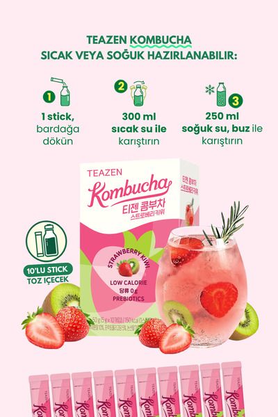 TEAZEN Probiyotik Ve Lif İçeren Bağırsak Sağlığı Destekli Şekersiz İçecek Kombucha Strawberry Kiwi