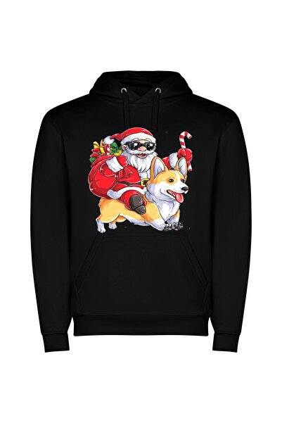 iLovePrints Corgi Santa's Telegram Ride Φούτερ με κουκούλα σε χρώμα Μαύρο