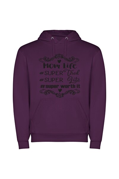 iLovePrints Super Mom, Street Chic Φούτερ με κουκούλα σε χρώμα Μωβ