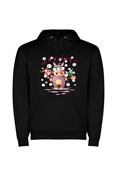 iLovePrints Fashionable Animal Illustration Φούτερ με κουκούλα σε χρώμα Μαύρο