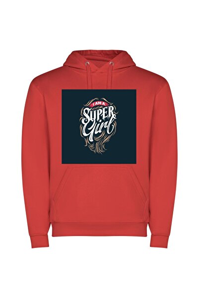 iLovePrints Super Girl Hair Φούτερ με κουκούλα σε χρώμα Κόκκινο