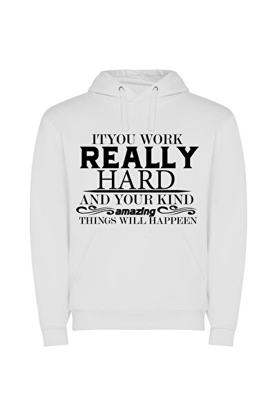 iLovePrints Hard Work, Amazing Results Φούτερ με κουκούλα σε χρώμα Λευκό