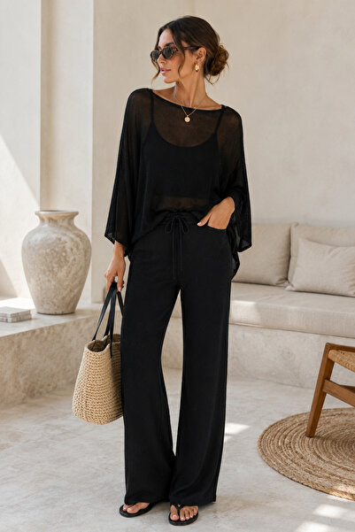 Black Fashion Dokulu Kayık Yaka Asimetrik Bluz Pantolon Siyah İkili Takım