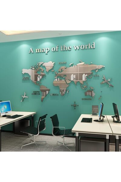 Generic WINDIR 3D World Map Wall Stickers Decor Murals DIY Decal Silver 71x40...