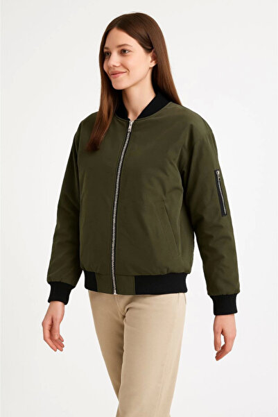 pazarella Lined Zippered Bomber Coat Jacket - Khaki