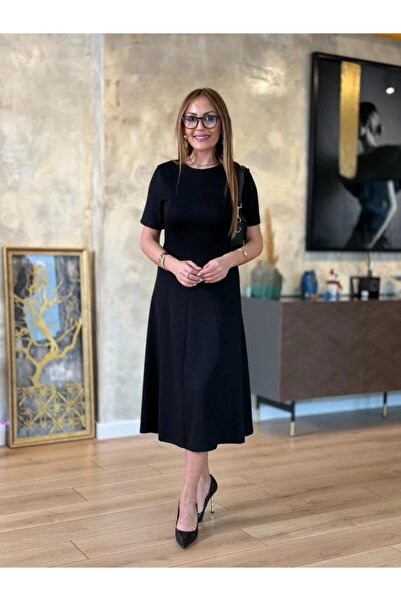 MODA ŞEHRİ فستان نسائي قصير الأكمام بياقة دائرية متوسط ​​الطول من الفسكوز بخيطين