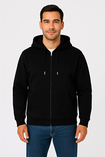 pazarella Men's Three Thread Hooded Full Zipper Kangaroo Pocket Sweatshirt Ho...