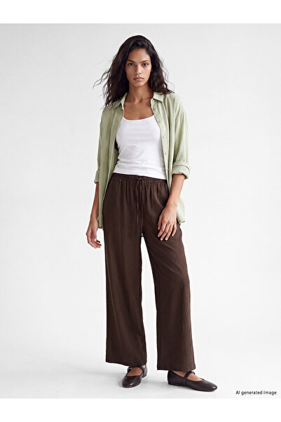 LC Waikiki Brown Elastic Waist Linen Look Women's Trousers