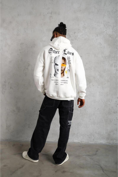 Generic Brand Oversized Three-Thread Fleece Hooded Sweatshirt – White with “O...