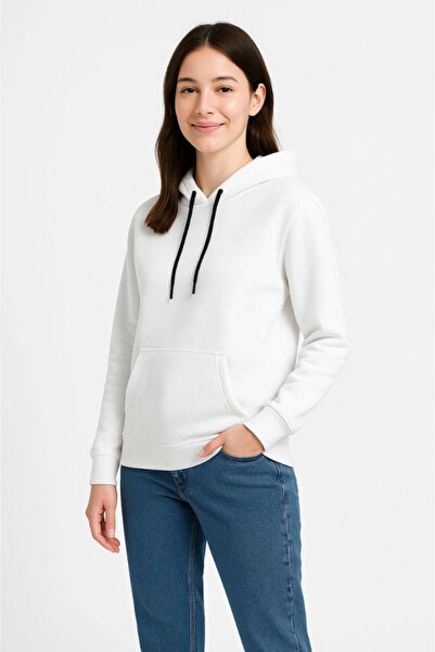 pazarella Three Thread Hooded Kangaroo Pocket Sweatshirt Hoodie - White
