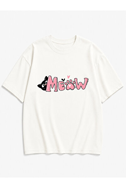 Kedi Temalı Baskılı Oversize %100 Pamuk Premium T-shirt