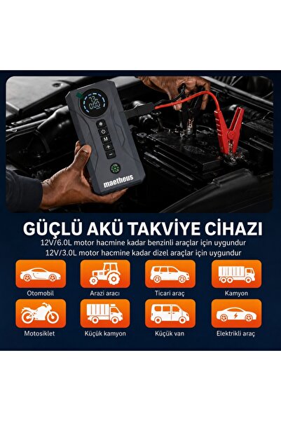 maetheus 4-in-1 Akü Takviye Cihazı 16000mAh | 150 PSI Kompresör | Powerbank | LCD Ekran | LED Fener | EVA Çanta | 2000A Tepe Akım