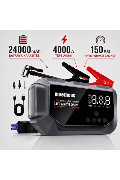 maetheus 24000 mAh 4in1 Akü Takviye Cihazı | 150 PSI Kompresör | Lastik Şişirme | Powerbank | EVA Çanta | 4000A Tepe Akım