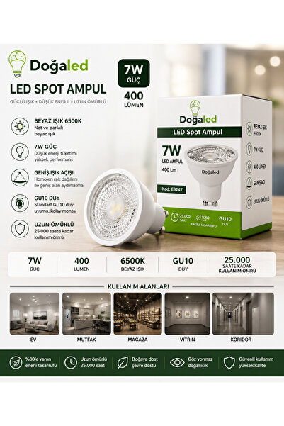7W GU10 LED Spot Ampul 400 Lümen - 6500K Beyaz Işık Geniş Açılı Tasarruflu Spot Aydınlatma 1 ADET(Kod: ES247)