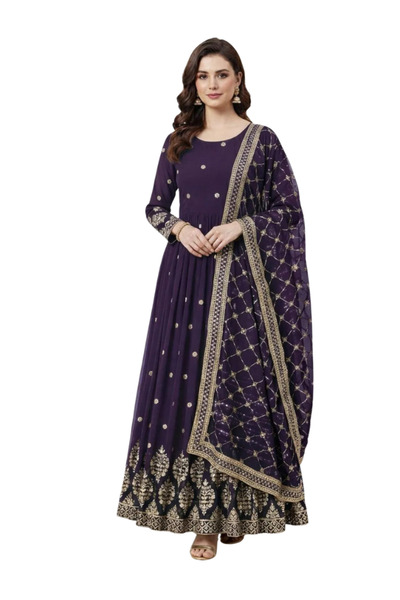 MYSMAR Purple Faux Georgette Embroidered Gown with Dupatta - FFT7349 | Purple...