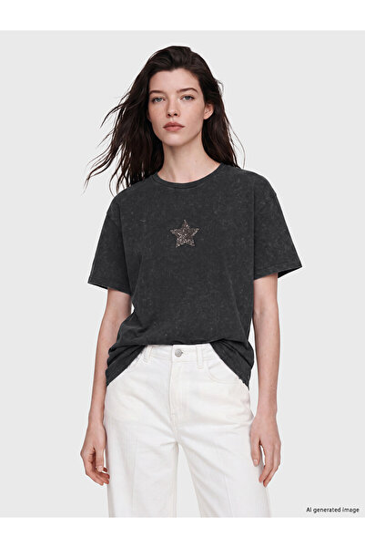 LC Waikiki Blue Star Stone Embroidered Cotton Women's T-Shirt