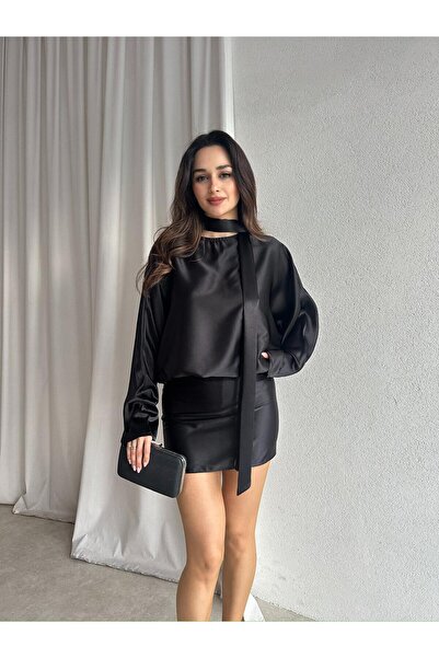 Mooi Butik فستان ماكسيم ساتان قصير 8737 - أسود