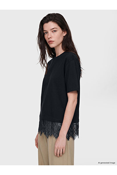 LC Waikiki Black Crew Neck Women's T-Shirt with Lace Detail