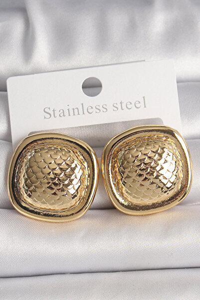 DMR Elegance Brass Gold Color Embroidered Square Model Women's Earrings