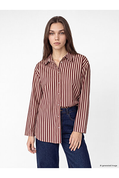 LC Waikiki Lcw Modest Burgundy Striped Women's Shirt Tunic