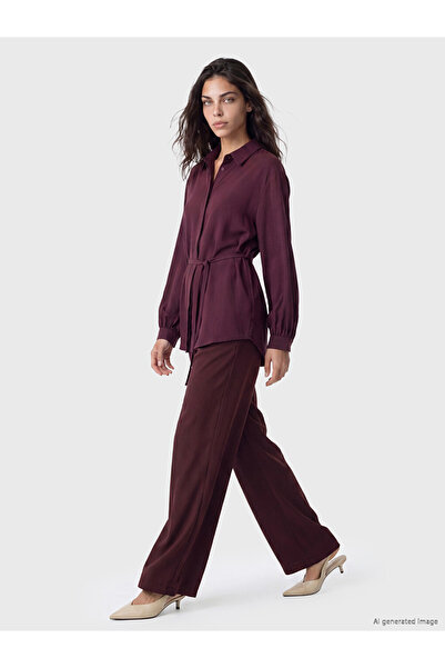 LC Waikiki Burgundy High Waist Pleated Women's Fabric Trousers
