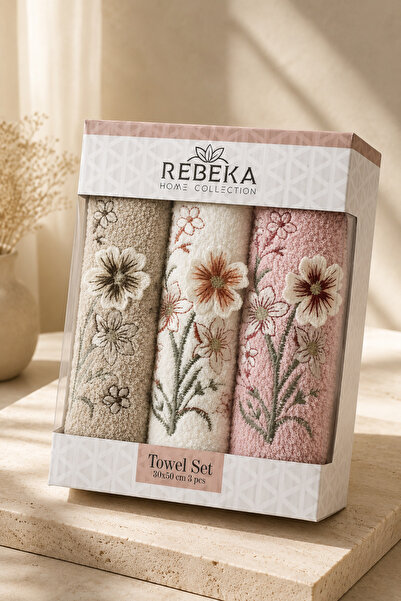 Rebeka Home Collection Lina Floral Embroidered 3-Piece Boxed Face Towel Set 3...