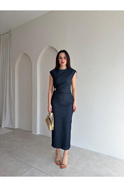 Mooi Butik Regina Denim Midi Dress 8952 - Navy Blue